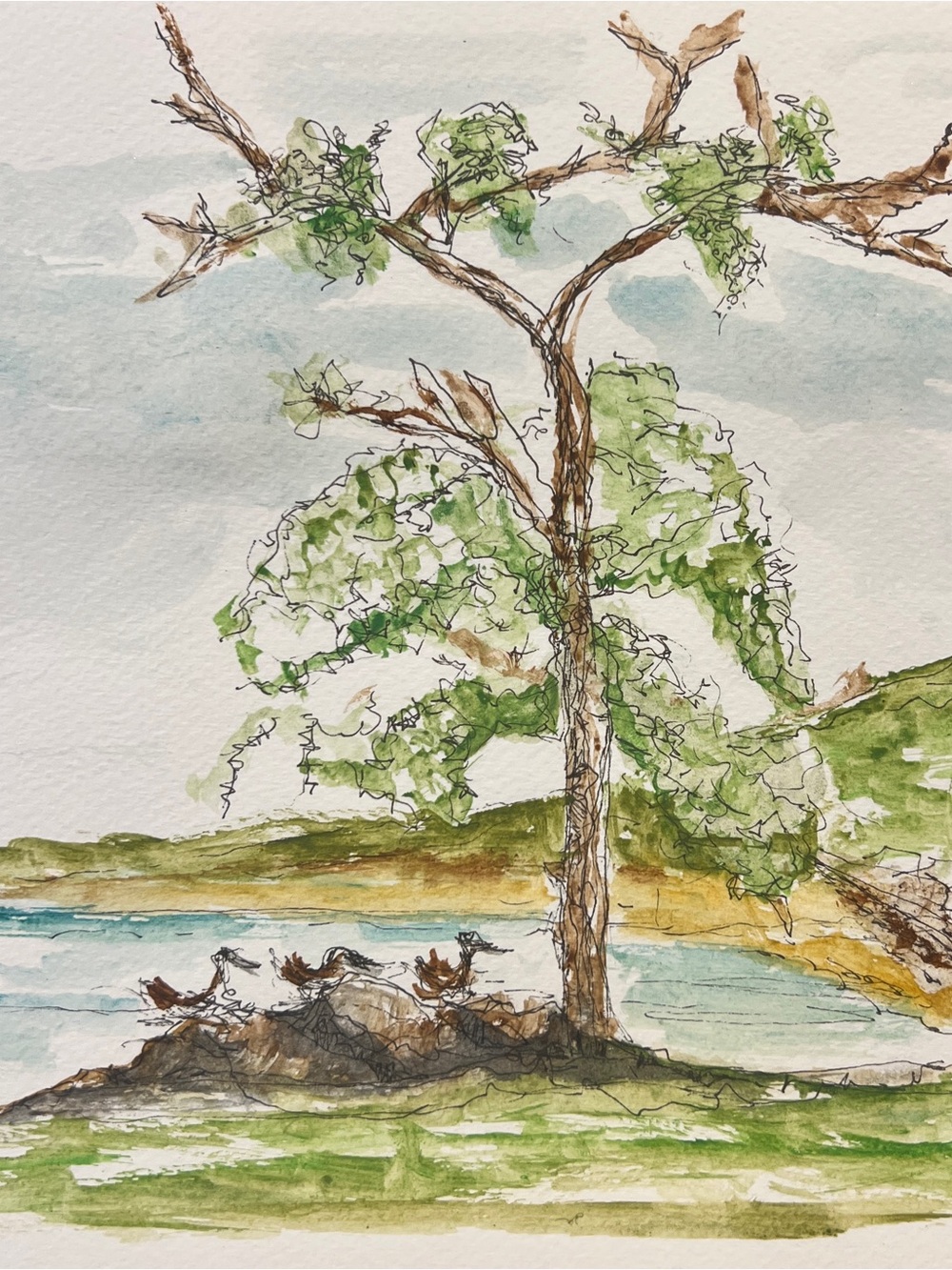 Green Tree Lakeside Watercolor Art and paint it on paper wall decor